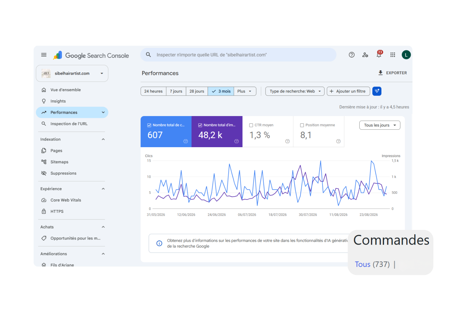 digitea statistiques sibel hair artist search console et nombre de commandes png